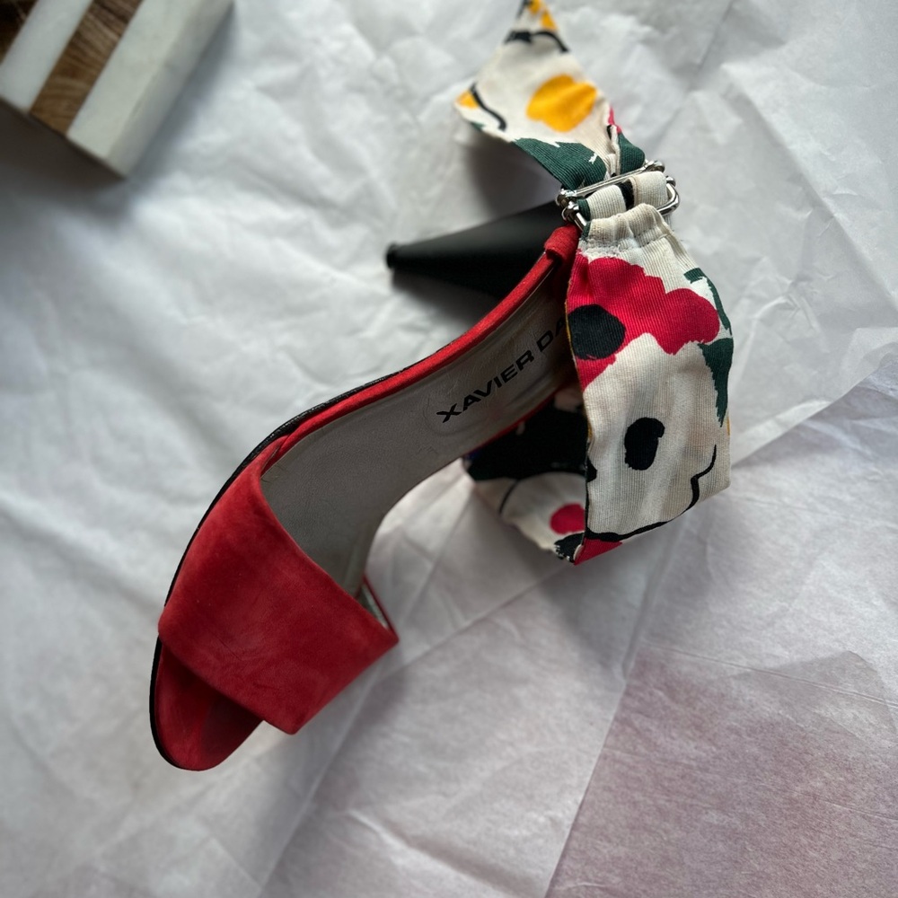VTG 80s Xavier Denaud red suede heels scarf strap sz 8 Paris Made in Spain - Picture 9 of 14